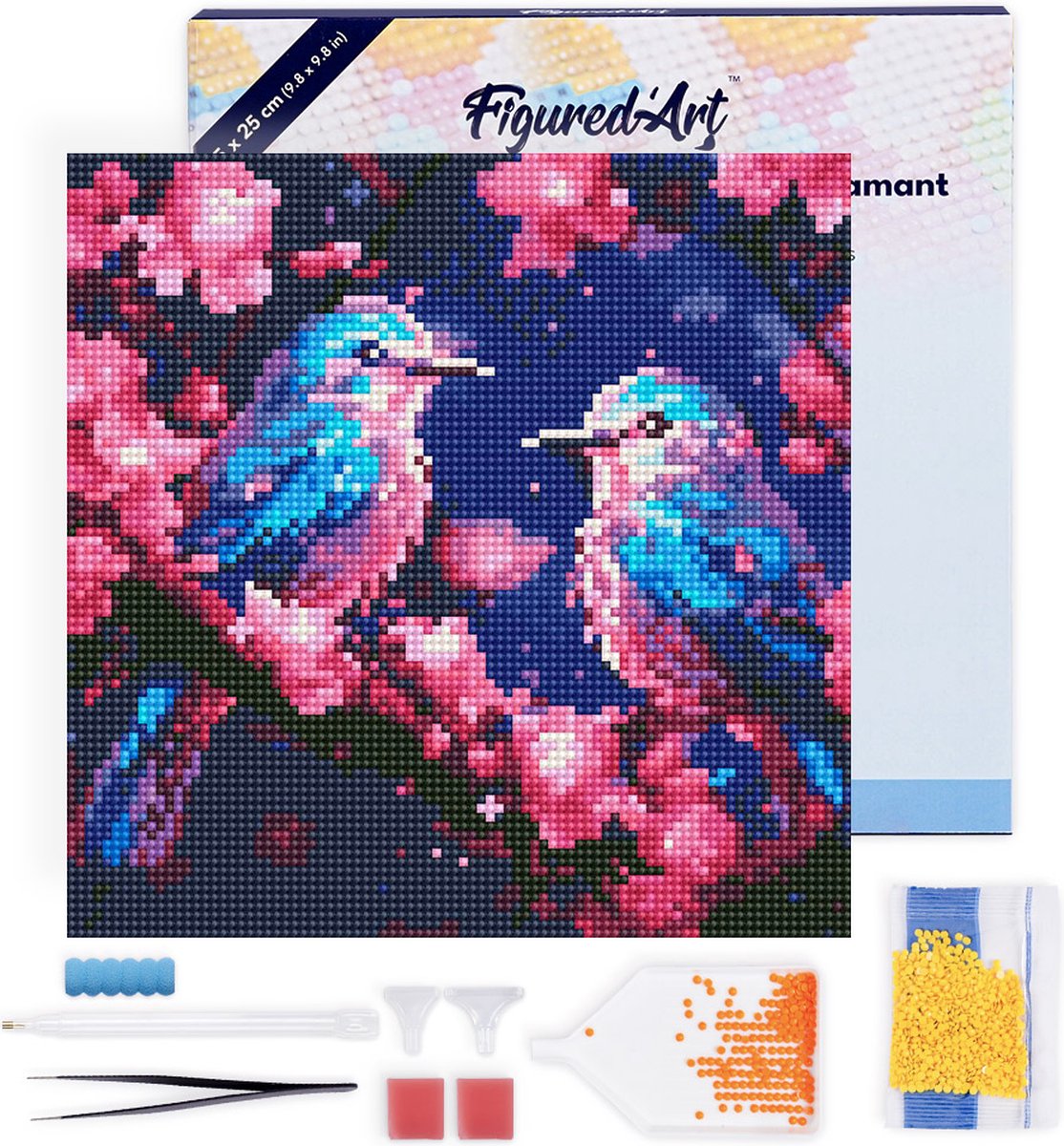 FiguredArt Mini Diamond Painting set Volwassenen 25x25 cm met lijst Glinsterende Blauwe Vogels - 5D DIY Art full drill ronde diamant - Canvas al ingelijst